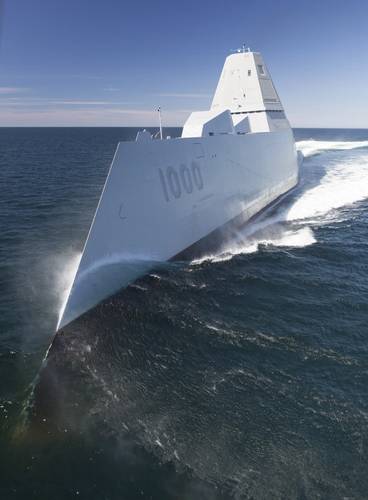 Guided-missile destroyer USS Zumwalt transits the Atlantic Ocean to conduct acceptance trials with the Navy's Board of Inspection and Survey (INSURV). (U.S. Navy photo)