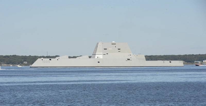 The guided-missile destroyer Pre-Commissioning Unit (PCU) Zumwalt (DDG 1000) departs from Naval Station Newport, R.I. following its maiden voyage from Bath Iron Works Shipyard in Bath, Maine. (U.S. Navy photo by Haley Nace)