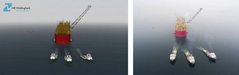 HR Wallingford simulation (left) and photograph by Shell (right) of the Prelude tow with POSH tugs (Photo: Shell)