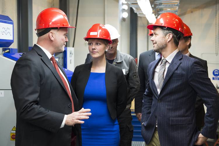 HRH Crown Prince Fredrik of Denmark tours the Alfa Laval Test & Training Center together with Ida Auken, Danish Minister for the Environment. Their guide is Lars Skytte Jørgensen, Vice President of Alfa Laval Product Center Boilers, which is responsible for the facility.