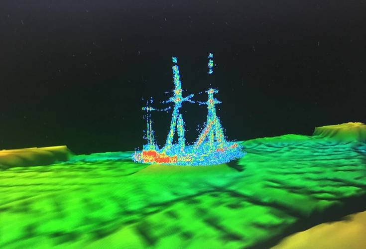Image of the schooner-barge Ironton as it sits on the lake floor today. This image is a point cloud extracted from water column returns from multibeam sonar. Image Credit: Ocean Exploration Trust/NOAA Thunder Bay National Marine Sanctuary
