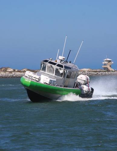 Image shows BCGP and Metal Craft Marine joint production 36’ Sentry configured for on water rescue support within the vicinity of civil aviation runways.