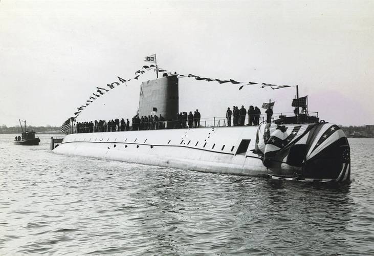 In this file photo taken Jan. 21, 1954, the nuclear-powered submarine USS Nautilus (SSN 571) is in the Thames River shortly after a christening ceremony. Photo Courtesy U.S. Navy