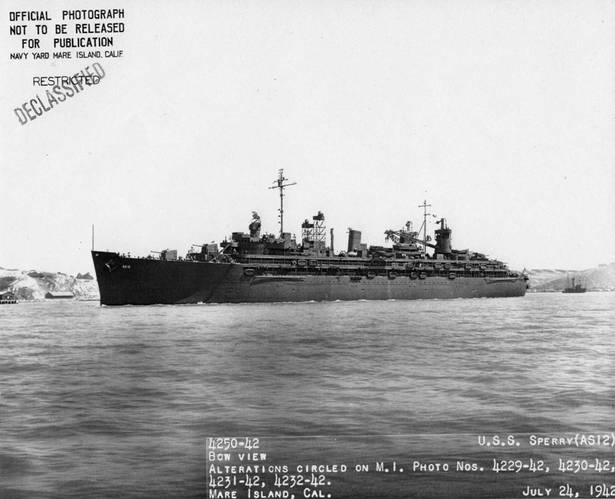 “It is safe to say that no one American has contributed so much to our naval technical progress.”  Then Secretary of the Navy Charles Francis Adams III, upon Sperry’s death. USS Sperry (AS-12), named after Elmer A. Sperry,  departing Mare Island, July 24, 1942. (Photo: U.S. Navy)