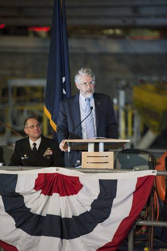Keynote speaker, Dr. John Holdren, Assistant to the President for Science and Technology, Director of the White House Office of Science and Technology Policy, and Co-Chair of the PCAST deliver keynote remarks at the opening of the MASK basin facility at NSWC, Carderock Division.
