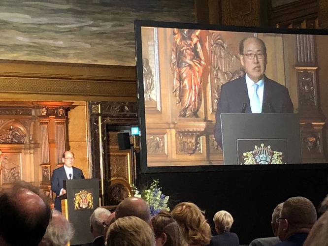 Kitack Lim, Secretary General of the IMO, addressing dignitaries last night at the opening ceremony of the SMM in Hamburg, Germany. Photo: Greg Trauthwein.