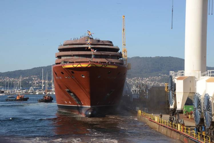 Launched in October 2018 at Hijos de J. Barreras Shipyard in Vigo, Spain, the flagship of the new brand is now in outfitting and interior finishing. Photo credit: The Ritz Carlton Yacht Collection