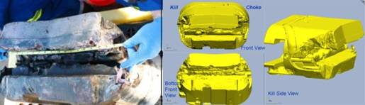 (Left) Photograph and (Right) laser scans of damaged blind shear ram (BSR).
