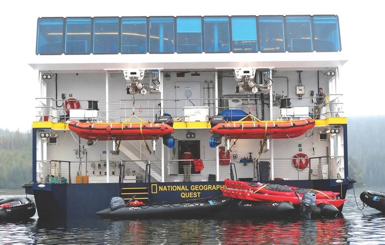 “Marina platforms”: Vestdavits davits with hoisted dinghies on an aft deck designed for easy disembarkation. (Photo: Lindblad Expeditions/Sisse Brimberg & Cotton Coulson)