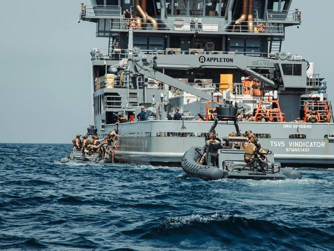 U.S. Marines with Maritime Special Purpose Force, 22nd Marine Expeditionary Unit, board a vessel in rigid-hull inflatable boats while conducting maritime interception operations aboard U.S. Navy training support vessel USNS Vindicator (TSV5).
U.S. Marine Corps photo by Sgt. Tanner Bernat