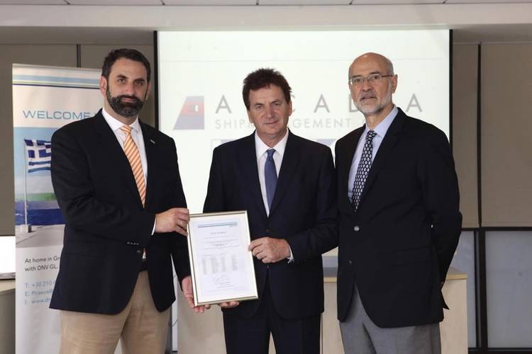 DNV GL - Maritime’s George Teriakidis, Business Development Manager, DNV GL – Region South East Europe & Middle East (Left) and Andreas Pagalos, Senior Vice President and Area Manager for East Mediterranean (Right), present Mattheou Dimitrios, Managing Director of Arcadia Shipmanagement Co Ltd. (Middle), with the certificate. (Photo: DNV GL)