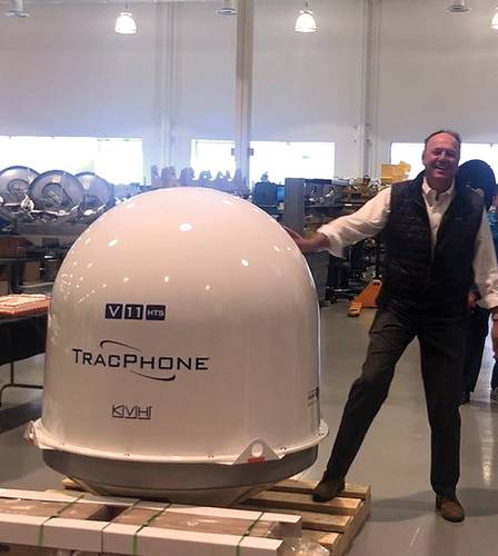 Martin Kits van Heyningen, CEO, KVH, on the manufacturing floor on the day KVH shipped its first TracPhone V11-HTS in April 2019. Photo: KVH