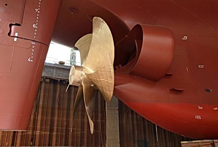 “Meanwhile we have equipped eleven vessels of the type Rhein-M with Schneekluth-ducts. With this we safe 200 to 400 liter heavy fuel per day per ship,” said Gerd Wessels.(the mounting of the Schneekluth WED & spoilers effects a hitch-less and linear water stream to the propeller). (Image: Wessels GmbH)  