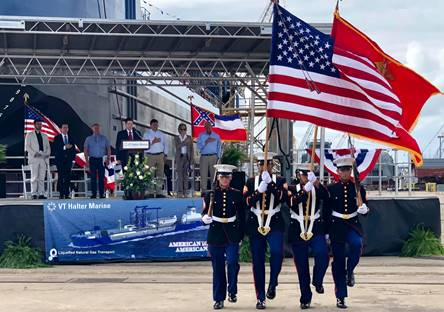 Members of the U.S. Navy Seabees Color Guard present colors at the Q-LNG 4000 naming ceremony at VT Halter Marine (Photo: VT Halter Marine)