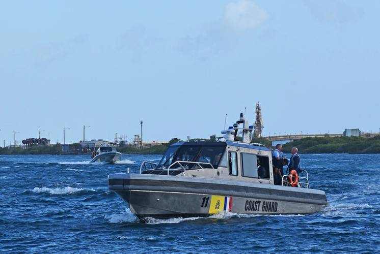 Two new Metal Shark 38 Defiant patrol boats cruising near the Dutch Caribbean Coast Guard station in the Savaneta district of Aruba following a commissioning ceremony on January 23rd, 2019.