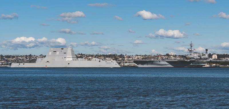 The guided-missile destroyer Pre-Commissioning Unit (PCU) Michael Monsoor (DDG 1001) enters San Diego in 2018.  Her two Advanced Gun System mounts are seen forward of the superstructure.  (U.S. Navy photo by Mass Communication Specialist 2nd Class Jasen Moreno-Garcia/Released)