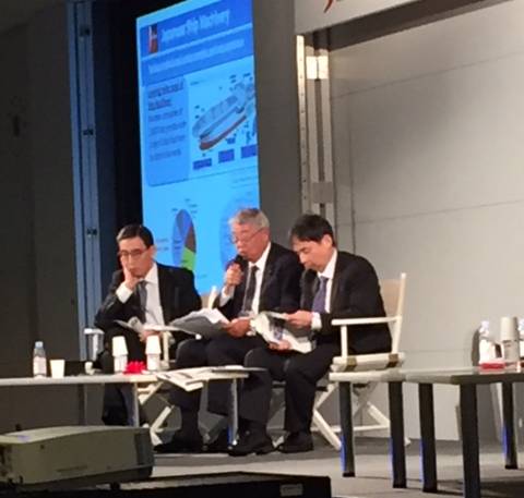 Moderating the SE Asian Shipowners Roundtable: L to R: Mr. Hiroaki Sakashita, Advisor, Nippon Hakuyohin Kentei Kyokai; Mr. Masaharu Ono, Vice chairman, Japan Ship Machinery and Equipment Association; and Dr. Shinichiro Otsubo, Senior Deputy Director-General, Maritime Bureau Ministry of Land, Infrastructure, Transport and Tourism. (Photo: Greg Trauthwein)