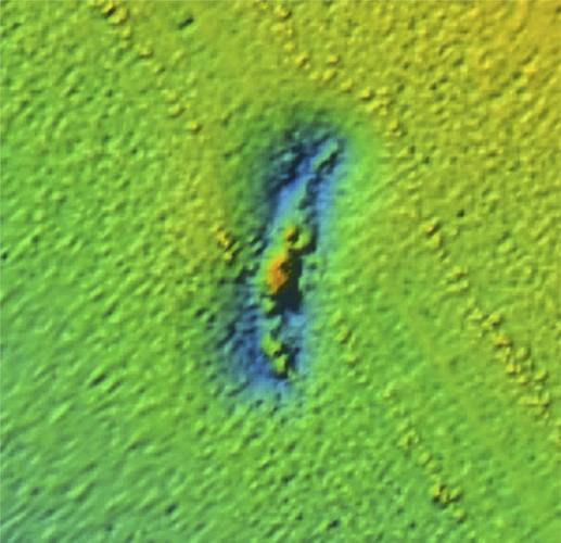 Multibeam sonar image processed by Gary Fabian show the shipwreck USCG Cutter McCulloch. The survey was conducted in 2015 off Ocean Exploration Trust’s vessel E/V Nautilus for NOAA’s Office of National Marine Sanctuaries. (Photo: E/V Nautilus Multibeam Sonar Survey 2015)