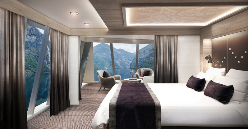 NEW CABINS: All cabins and suites will be renovated. This are the first sketches of the brand new corner-suites at the front of the top deck on board MS Maud and MS Eirik Raude. Photo: HURTIGRUTEN