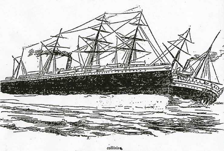 Newspaper illustration of the collision between RMS Oceanic and SS City of Chester (Credit: Illustration: San Francisco Chronicle)