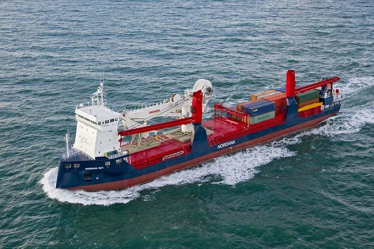 Nordana Sky sailing the North Sea with the first load on her hatches (Photo: Flying Focus)