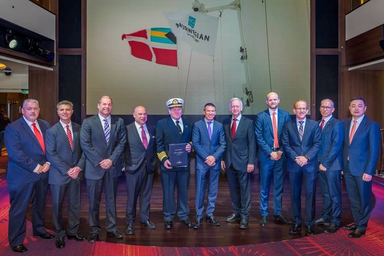 Norwegian Cruise Line and Meyer Werft executives as NCL accepts delivery of Norwegian Joy (Photo: NCL)