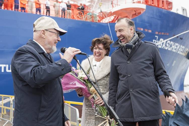 Odette Claus, wife of SABIC’s Global Director Supply Chain Liquids Frank Claus (right) with Captain Alfred Hartmann, founder of the Hartmann Group, after Mrs Claus officially named GasChem Beluga. (Photo: SABIC)