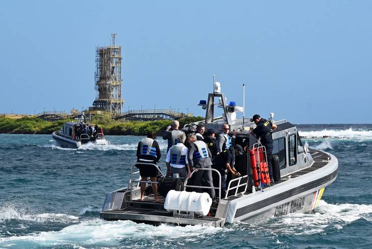 Officials from the Aruban government and Dutch Ministry of Defense aboard new Metal Shark 38 Defiant patrol boats following a commissioning ceremony in Aruba on January 23rd, 2019.