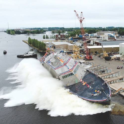 Once FMM's new shiplift is installed, LCS side launches like this into Menominee River will be a thing of the past. Photo courtesy FMM