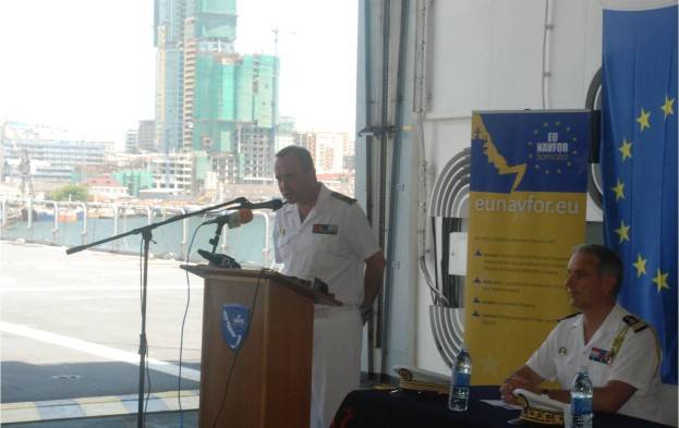 Operation Atalanta Force Commander, Rear Admiral Hervé Bléjean opening a press conference on board FS Siroco in Tanzania. (EU NAVFOR photo)