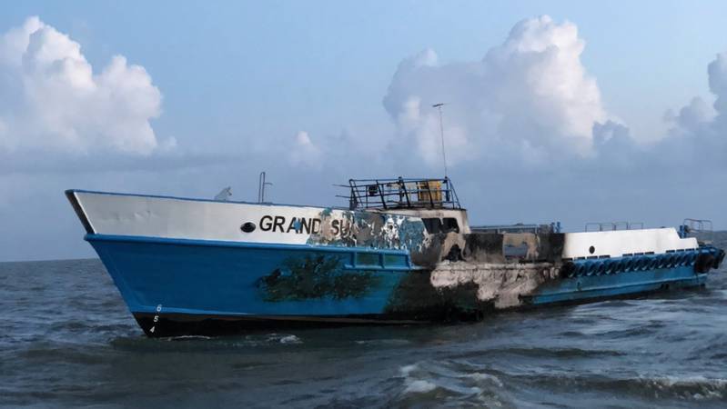 Passenger vessel Grand Sun caught fire in Chandeleur Sound, La., October 8, 2018. (U.S. Coast Guard photo courtesy of Coast Guard Station Venice)