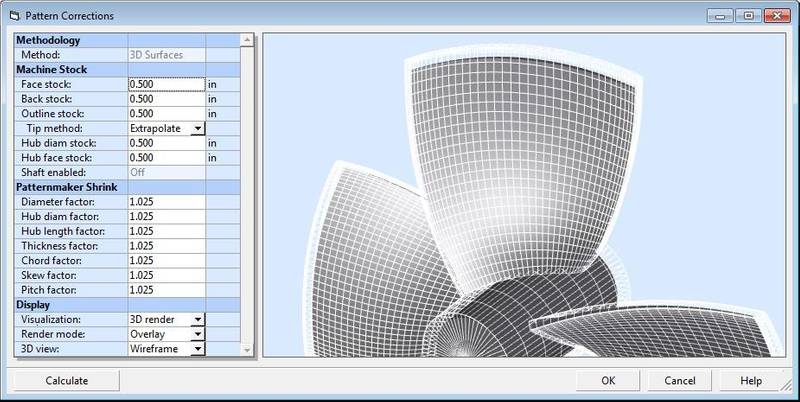 Pattern Corrections is used to expand and thicken propeller designs to create machining models and casting patterns. Individual control is provided for separate blade parameters. (Image: HydroComp)