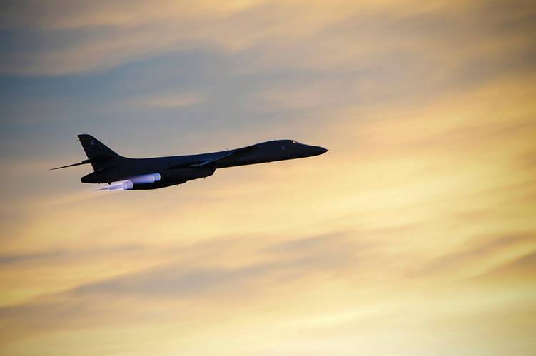 Pictured is a B-1B Lancer on a training mission. The US Air Force recently conducted a successful test of its ability to neutralize and eliminate the threat of small boats in acts of terror. During that testing period, a B-1B Lancer supersonic variable-sweep-wing bomber launched a GBU-10 laser-guided bomb to take out a remotely-controlled mobile surface vehicle.  The GBU-10 has a published accuracy of 3.6 feet, making it a good weapon against a small target like a boat. Although its 945 pound wa