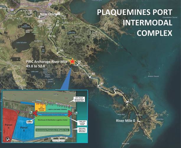 Plaquemines Port Complex is located at mile 53-55 on the lower Mississippi River. It is the southernmost of the 5 major deep-water ports on the river.