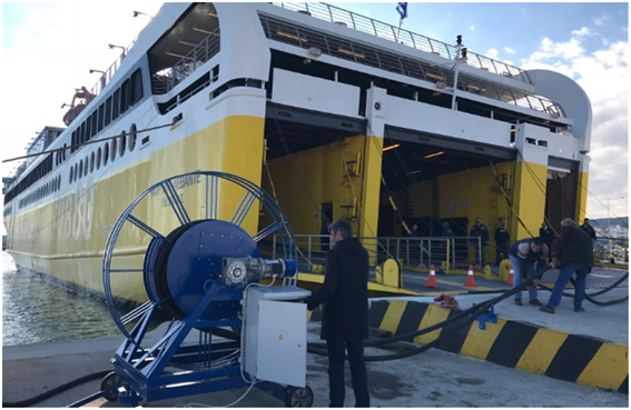Plug in of the passenger ro-ro ferry FIOR DI LEVANTE, with the first pilot installation for shore based electrification, port of Killini (Photo: Lloyd's Register) 