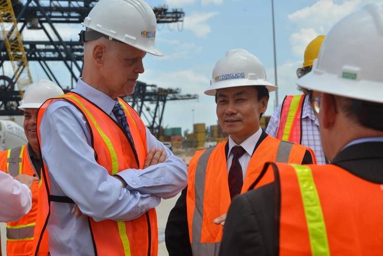 Port Everglades Chief Executive Steven Cernak and ZPMC Chairman Zhu Lianyu discuss the progress of improvements to the crane rail infrastructure that is already underway on the Southport docks. Photo Credit: Broward County’s Port Everglades
