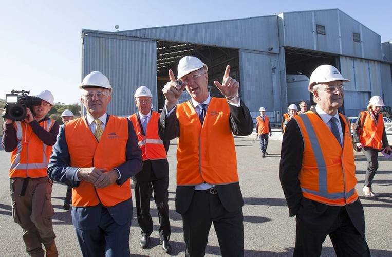 Prime Minister Malcolm Turnbull was joined by Senator Linda Reynolds and Senator Chris Back for the tour of Austal’s Henderson shipyard, hosted by Austal CEO David Singleton and Chairman John Rothwell. (Image: Rod Taylor/Austal)