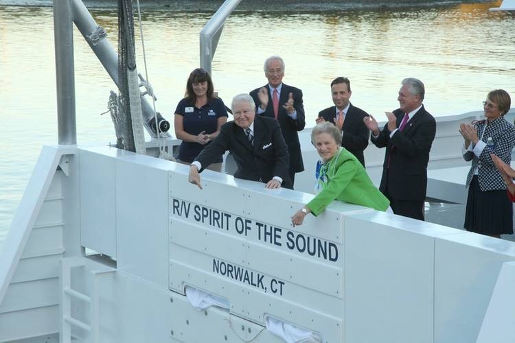 Principal donors for new research vessel that will conduct Marine Life Study cruises, Seal Spotting cruises and more for The Maritime Aquarium at Norwalk. From left: Cathy Hagadorn, educator; George Bauer, donor; Per Heidenreich, donor, State Senator Robert Duff; Carol Bauer, donor; Norwalk Mayor Harry Rilling; and Astrid Heidenreich, donor. (Photo courtesy of the Maritime Aquarium at Norwalk)