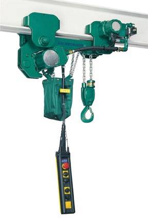 JDN Profi 2 TI hoist in low headroom trolley (2-ton lift capacity).
