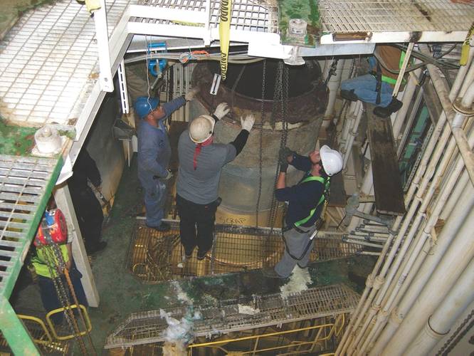 Removal of the existing exhaust gas silencer sections. (Photo: Goltens)