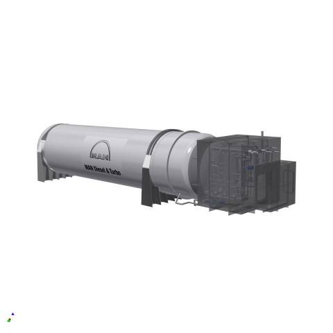 Rendering of the MAN Cryo 350 m³ vacuum-insulated, cylindrical type C tank and coldbox. (Image MAN D&T)