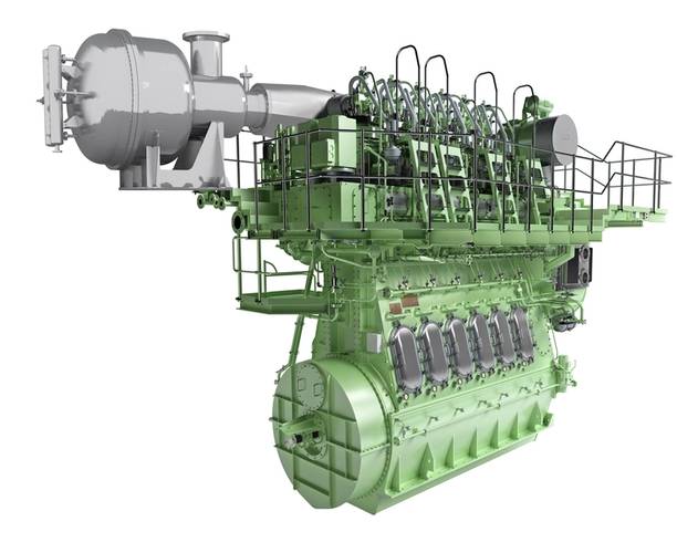Rendering of the SCR-HP reactor with a host two-stroke engine (Image: MAN Diesel & Turbo)