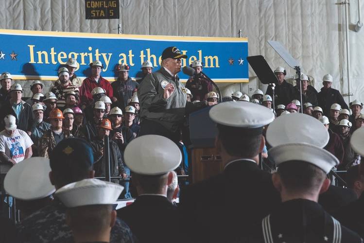 President Donald Trump visited Huntington Ingalls’s Newport News Shipbuilding, speaking aboard the new aircraft carrier, Gerald R. Ford, regarding his proposed U.S. military build-up. (Photo: John Whalen/Huntington Ingalls Industries)