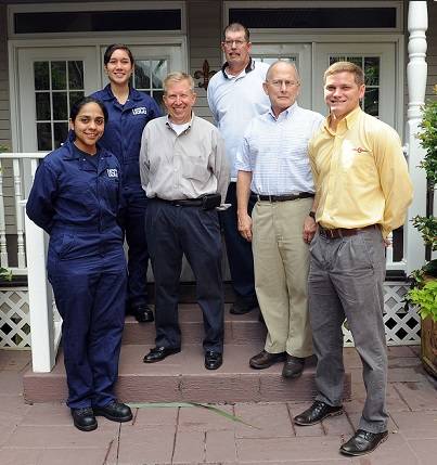 Left to Right: Cadet Daniela Andrade; Cadet Margaret Damarlane; Ed Chandler, Manager, HSSE, Canal Barge Company, Inc.; Kevin Atterberg, Mate; Taylor DuChaine, Human Resources; and Sidney Blakemore, Vessel Employment and Safety Specialist, at Canal Barge's Tankerman Workshop.