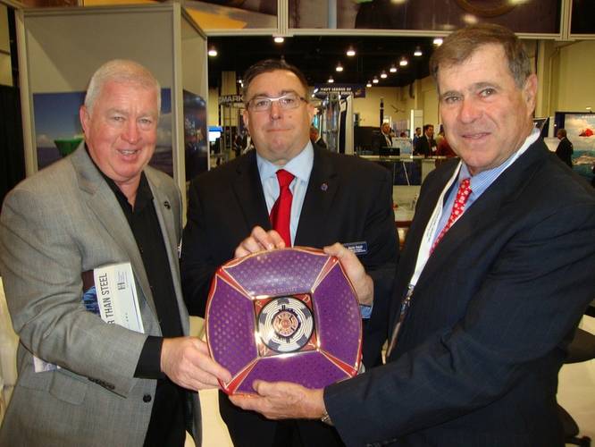 From left to right: Jim Carney, JCarney Company; Kevin Traver, Staff Vice President of Corporate Affairs for the Navy League of the United States; Brian D’Isernia, President of Eastern Shipbuilding Group, Inc. (Photo: Eastern Shipbuilding)