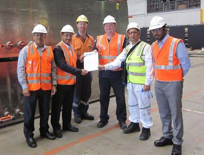 From left to right: Commander Mudhafar Al Riyami, 2IC, Staff Officer 1, Marine Engineer; Captain Abdulhameed Al Sinani, Most Senior, Head of Team; Bernard Gorman, Supervisor - Austal; John Cooper, Program Manager (Acting); Kutub Chowdhury, Principal Surveyor – DNV GL; and Lieutenant Commander Mubarak Al Kasbi, Staff Officer, Marine Engineer. (Photo: Austal)