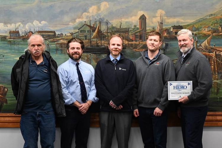 Left to right: Deckhand Roman “Butch” Arabski; Captain Eddie Lucas; Brian Vahey, AWO’s Vice President, Atlantic Region; Mate Evan Kinkel, Engineer William “Liam” Flynn (Photo: Moran Towing)