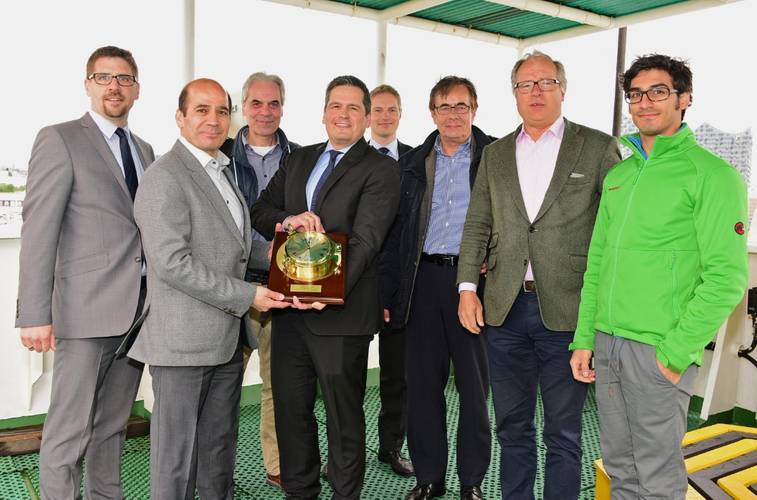 Left to right: Malte Meisch, Sales Manager C. Steinweg (Süd-West Terminal); Dr. Nasr Bateni, CEO IRISL Europe; Capt. Jörn Scheffler, Operation & Cargo Planning IRISL Europe; Rainer Fabian, CEO C. Steinweg (Süd-West Terminal); Martin Riepenhusen, Sales Manager C. Steinweg (Süd-West Terminal); Klaus-Dieter Busch, Liners Manager Peter W. Lampke; Christian von Georg, CEO Peter W. Lampke; Mehdi Bateni, Son of Dr. Bateni (Photo: C. Steinweg / Hasenpusch)