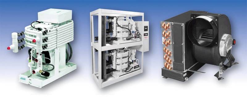 Left to right: A standard Dometic MCG 5-ton chiller, Dometic’s 20-ton custom chiller which is similar to the equipment on board Arcturus and Polaris, Dometic’s AT-DC Series Air Handler.