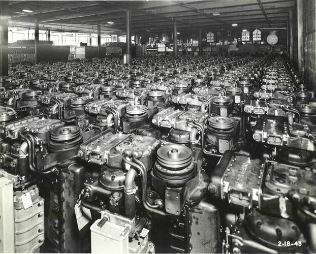 Rows of finished marine engines, Gray Marine.
Image courtesy R.W. Fernstrum & Company